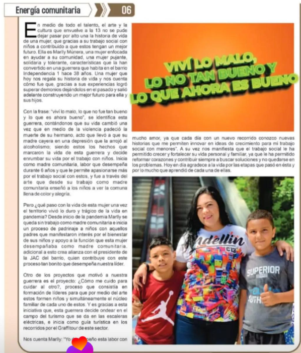 Magazine spread about Marily Múnera with the mural quote 'Viví lo malo, lo no tan bueno y lo que ahora es bueno' and a photo of Marily with two children